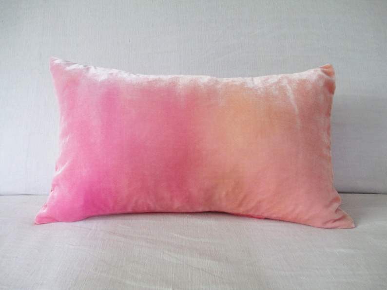 Velvet soft peach and pale pink ombre velvet pillow cover, 12 x 20 lumbar cushion cover, made to order, UK. Other sizes available to order image 2