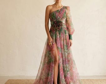 Abito lungo da donna con spalle scoperte e inserti in rete, abito floreale con spacco in vita, abito da festa a maniche lunghe, elegante abito estivo per le vacanze.
