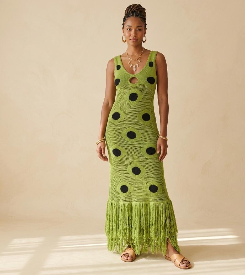 lime green polka dot dress Knit Maxi Dress, Boho Tassel Hem Summer Vacation floral