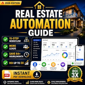 May include: A digital guide titled Real Estate Automation Guide 2026 Edition featuring a dashboard display with lead metrics, a 15-step workflow, and a process flow from lead inquiry to deal closure, presented with a PDF download option and ROI icons.