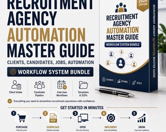 May include: A Recruitment Agency Automation Master Guide 2026 Edition box set with a black pen. The text reads Smarter Hiring. Stronger Teams. Better Results. Recruitment Agency Automation Master Guide. Clients, Candidates, Jobs, Automation. Workflow System Bundle.