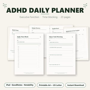May include: An ADHD daily planner set featuring 23 pages with sections for executive function and time blocking. The layout includes templates for a brain dump, energy check-in, weekly reset, medication tracker, daily time block, and three-task morning.