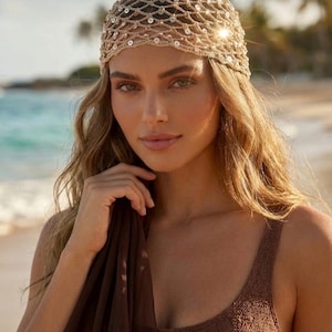 Szydełkowana ozdoba na głowę z koralikami, różowa siateczka w stylu boho, cekinowa bandana, biżuteria do włosów Coachella, opaska na głowę w stylu cygańskim na lato