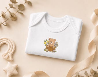 Teddy Bear Baby Onesie, 100% Cotton Floral Baby Bodysuit, Boho Woodland Newborn Outfit, Baby Shower Gift