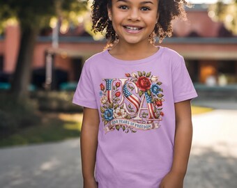 Girls USA Floral Shirt, Patriotic Youth Tee, 4th of July T-Shirt, 250 Years of Freedom Shirt