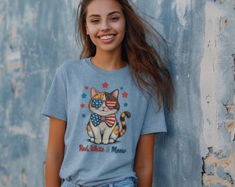 Kids Red White and Meow Shirt, Patriotic Cat Youth Tee, 4th of July T-Shirt, USA Kids Shirt