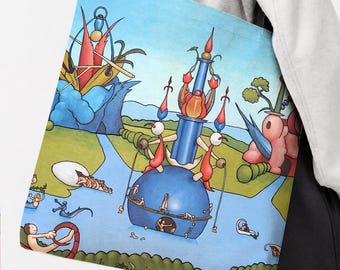 Bolso de mano "Jardín de las Delicias Terrenales", bolso de arte surrealista inspirado en Bosch, regalo de museo caprichoso