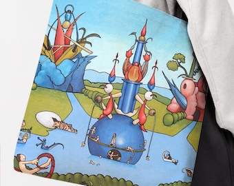Garden of Earthly Delights Tote Bag, Bosch Inspired Surreal Art Bag, Whimsical Museum Gift
