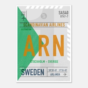 May include: A rectangular poster featuring a vintage-style airline luggage tag design for Stockholm Arlanda Airport. The graphic includes the text SCANDINAVIAN AIRLINES, ARN, STOCKHOLM - SVERIGE, SWEDEN, SAS40, B747-7, and coordinates 59°39-07 17°55-07.