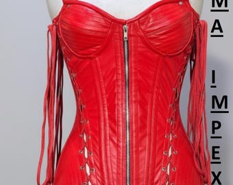 Genuine Leather Corset Top | Black Red Gothic Bustier, Lace Up Waist Cincher