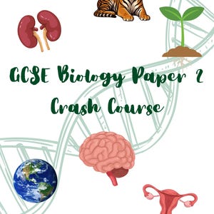 May include: A graphic for a GCSE Biology Paper 2 Crash Course, featuring a tiger, a brain, kidneys, a plant, a globe, and a uterus. The title is in green, with a DNA strand design in the background. The word "Recalled" is on a stack of blue books.