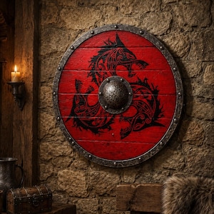 Pode incluir: Um escudo circular de madeira com um acabamento vermelho vibrante e um design preto intrincado de um lobo de três cabeças. O escudo tem uma borda metálica de aspeto desgastado fixada com rebites e um umbo central de metal abobadado e texturado.