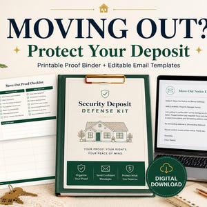 Puede incluir: Un gráfico de descarga digital con el texto "¿MUDARSE? Proteja su depósito" y una carpeta "Security Deposit Defense Kit". Incluye una lista de verificación, una plantilla de correo electrónico y una computadora portátil que muestra un aviso de mudanza. También se ve una taza de café y llaves.