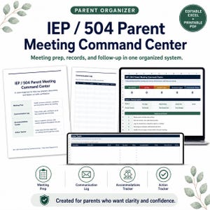 Könnte beinhalten: Ein IEP/504 Parent Meeting Command Center, ein sauberer Organisator für die Vorbereitung von Meetings, Aufzeichnungen und Nachverfolgung. Enthält druckbare PDF- und bearbeitbare Excel-Formate. Verfügt über einen Abschnitt zur Vorbereitung von Meetings, ein Kommunikationsprotokoll, einen Unterkunfts-Tracker und einen Aktions-Tracker.