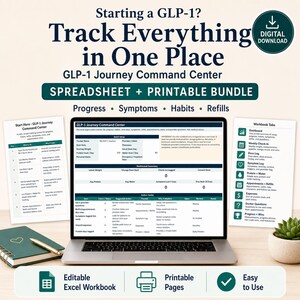 Könnte beinhalten: Ein Laptop zeigt eine GLP-1 Journey Command Center-Tabelle mit dem Text "Track Everything in One Place". Das Bild enthält ein digitales Download-Symbol, druckbare Seiten und eine bearbeitbare Excel-Arbeitsmappe. Das Thema ist die Verfolgung von Gesundheit und Wohlbefinden.