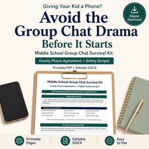 Puede incluir: Un kit de descarga digital titulado "Evita el drama del chat grupal antes de que comience". El kit incluye un acuerdo telefónico familiar, guiones de seguridad y páginas imprimibles. También se ven un teléfono inteligente, un bloc de notas y un bolígrafo.