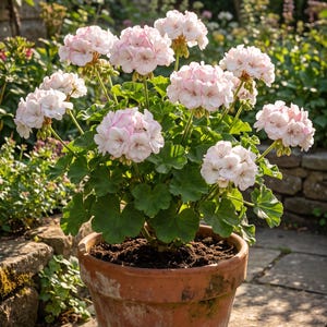 May include: A potted geranium plant featuring multiple clusters of pale pink flowers with delicate white edges. The plant has vibrant green, rounded leaves and is housed in a weathered, round terracotta pot filled with dark potting soil.