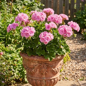 May include: A terracotta planter with a decorative relief design featuring a central face motif and fluted base, filled with a vibrant cluster of pink geranium flowers with green leaves, standing on a stone surface in an outdoor garden setting.