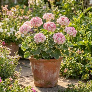 May include: A potted geranium plant with clusters of ruffled, light pink and white flowers. The plant features variegated green leaves with white edges, housed in a weathered, round terracotta pot sitting on a stone surface.