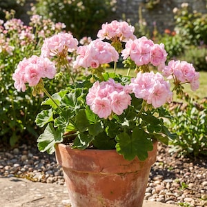 May include: A potted geranium plant with clusters of light pink, multi-petaled flowers and rounded, scalloped green leaves. The plant is housed in a weathered, round terracotta pot with a visible crack near the rim and a textured, earthy surface.