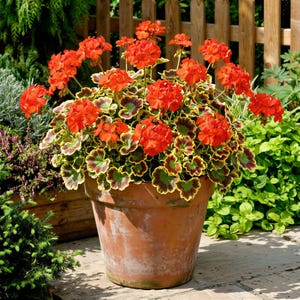 May include: A terracotta pot containing a vibrant geranium plant with clusters of bright orange-red flowers and rounded green leaves featuring dark brown centres and yellow-green edges, displayed in an outdoor garden setting.