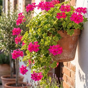 May include: A terracotta hanging planter containing a vibrant geranium plant with bright pink flowers and variegated green and yellow leaves. The plant is suspended by thin metal wires against a textured brick wall, displaying lush foliage.