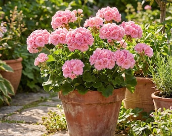 Może przedstawiać: Roślina pelargonii w doniczce z kiściami żywych, różowych, pofalowanych kwiatów i zaokrąglonymi zielonymi liśćmi. Roślina znajduje się w zwietrzałej, terakotowej doniczce glinianej o naturalnej fakturze i klasycznym, okrągłym kształcie.