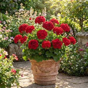 May include: A vibrant red geranium plant with clusters of rounded, ruffled blossoms and deep green, lobed leaves, potted in a weathered, light brown terracotta planter featuring a decorative embossed garland pattern around the upper rim.
