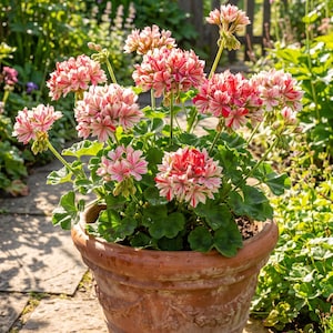 May include: A terracotta pot with a decorative relief pattern contains a geranium plant with clusters of variegated flowers in shades of pink, red, and white. The plant features rounded green leaves and thin stems extending from the soil.