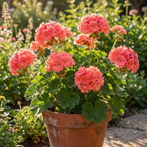 May include: A potted geranium plant featuring multiple clusters of vibrant coral-pink flowers with rounded petals. The plant has dark green, lobed leaves and is housed in a weathered, round terracotta pot with a wide rim and a tapered base.