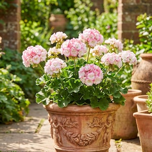 May include: A potted geranium plant with clusters of ruffled light pink and white flowers and dark green leaves. The plant is housed in a round terracotta planter featuring embossed relief carvings of cherubs and floral garlands around the exterior.