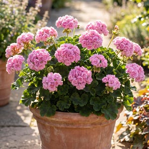 May include: A potted geranium plant featuring numerous clusters of soft pink, ruffled flowers with dense, dark green, lobed foliage. The plant is housed in a large, round, terracotta-coloured clay pot with a simple horizontal band design.