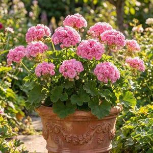 May include: A terracotta planter with ornate relief carvings containing a cluster of vibrant pink geranium flowers. The plant features numerous rounded, multi-petaled blooms on slender green stems rising above a base of broad, scalloped green leaves.