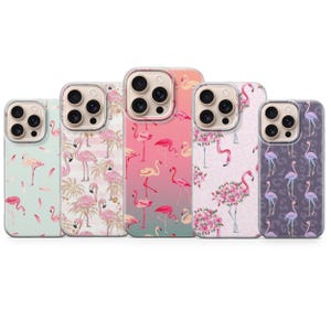 May include: Five smartphone cases arranged in a row, each featuring a unique flamingo-themed design. The cases display various colour palettes including light green, white with gold palm trees, pink gradient, floral patterns, and a dark grey leopard print.