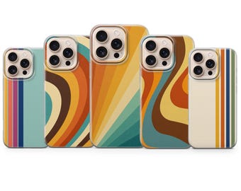 レトロな70年代風のグルーヴィーな幾何学模様のスマホケース。iPhone 17 Pro Max、16e、15、14、13、Samsung S26 Ultra、S25 FE、A57、A56、Pixel 10、9Aに対応。