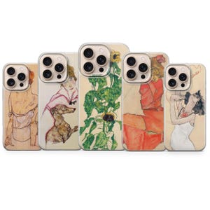 Könnte beinhalten: Fünf transparente Smartphone-Hüllen mit Kunstdrucken von Egon Schiele. Die Motive zeigen eine Figur in weißer Kleidung, eine Person mit Hund, eine hohe Sonnenblume, eine Figur in rotem Kleid und eine Person mit dunklem Haar in weißem Oberteil.