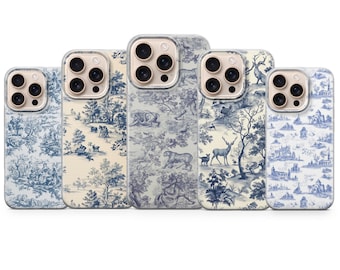 フランス製トワル柄のiPhoneケース ブルー ド ジュイ カバー iPhone 17 Pro Max、16e、15、14、13 & Samsung S26 Ultra、S25 FE、A57、A56、Pixel 10、9A対応