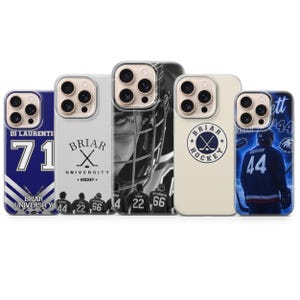 May include: Five smartphone cases featuring Briar University hockey themes. Designs include player jerseys with numbers 71, 44, 22, 66, and 44, a hockey player in a helmet, and a circular Briar Hockey logo. The cases display various blue, white, and black graphics.