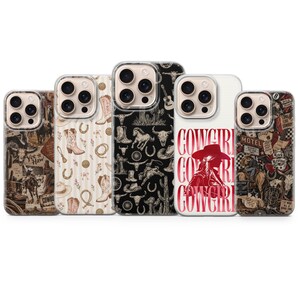 May include: Five smartphone cases featuring western-themed designs. The patterns include cowboy boots, horses, cacti, skulls, horseshoes, and ropes. One case displays the text COWGIRL in large red letters over a silhouette of a person in a hat.
