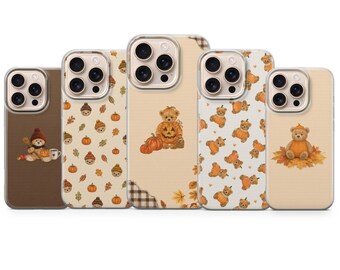 クマ柄のスマホケース 秋カバー iPhone 17 Pro Max、16e、15、14、13 & Samsung S26 Ultra、S25 FE、A57、A56、Pixel 10、9A対応