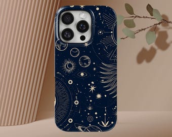 天体モチーフのスマホケース 占星術デザイン タフカバー iPhone 17 Pro Max、16e、15、14、13 および Samsung S26 Ultra、S25 FE、A57、A56、Pixel 10、9A 対応
