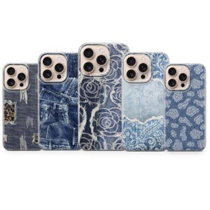 May include: Five smartphone cases featuring various denim-inspired patterns. The designs include distressed dark blue denim with leopard print patches, a classic blue jean pocket layout, a floral rose pattern, a light blue paisley, and a blue denim dot print.