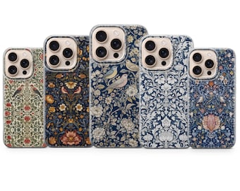 ウィリアム・モリス ヴィンテージアートカバー iPhone 17 Pro Max、16e、15、14、13 および Samsung S26 Ultra、S25 FE、A57、A56、Pixel 10、9A 用