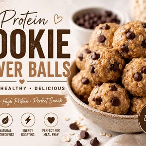 Könnte beinhalten: Nahaufnahme von Protein-Cookie-Power-Balls in einer Schüssel. Das Bild enthält den Text "Protein COOKIE POWER BALLS" und "Easy, Healthy, Delicious". Die Cookie-Bällchen sind rund, mit sichtbaren Haferflocken und Schokoladenstückchen.