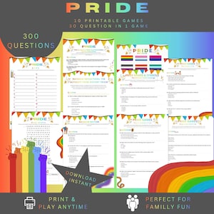 Puede incluir: Una descarga digital colorida con juegos temáticos del Orgullo. La imagen incluye trivia, búsquedas de palabras y otras actividades imprimibles. El texto incluye "300 Preguntas", "10 Juegos imprimibles" y "Perfecto para la diversión familiar".