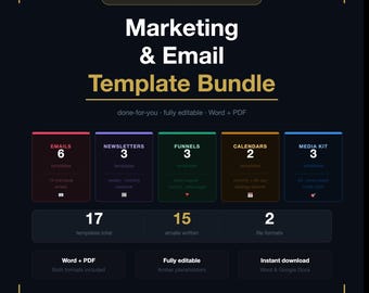 Marketing & Email Template Bundle - 17 Done-For-You Templates | Email, Newsletters, Sales Funnels, Content Calendar + Media Kit | Word + PDF