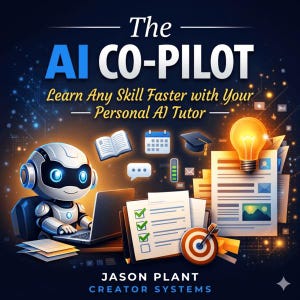 May include: A digital illustration titled The AI CO-PILOT Learn Any Skill Faster with Your Personal AI Tutor by Jason Plant Creator Systems. It features a small white robot using a laptop, surrounded by icons of a book, calendar, mortarboard, and a glowing lightbulb over documents.