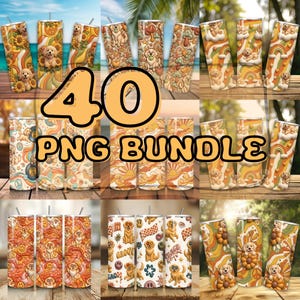 May include: A digital collection of 40 tumbler wrap designs featuring golden retriever puppies, retro floral patterns, rainbows, mushrooms, and peace signs in warm orange, yellow, and green tones with the text 40 PNG BUNDLE overlaid.