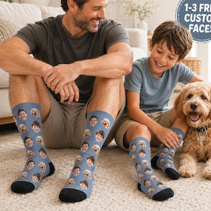 May include: Blue crew socks featuring a repeating pattern of custom printed faces. The socks have black toe and heel sections. Text on the image reads FAST DISPATCH 24 HOURS and 1-3 FREE CUSTOM FACES.