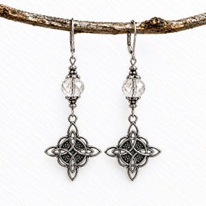 Frostlight – Clear Crystal Celtic Knot Earrings – Silver Dangle Earrings – Inspired by Highland Winter